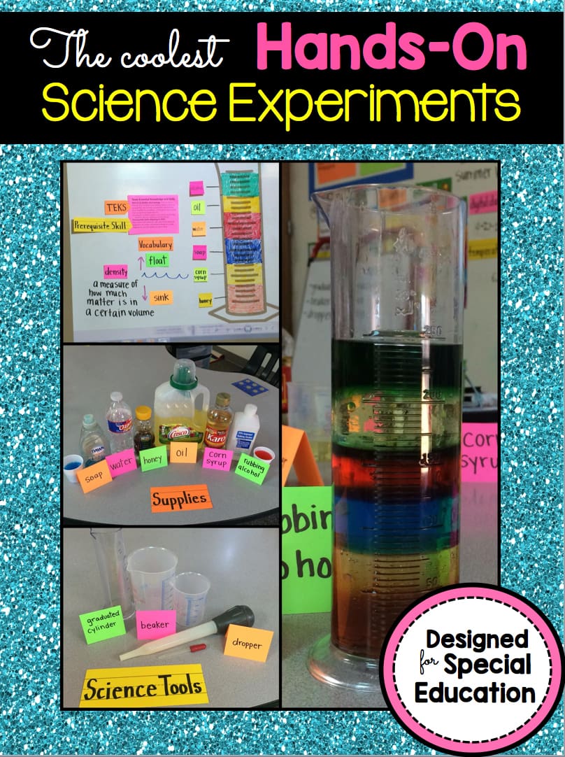 The cover of my Hand-on Science TpT download that has pictures of tools needed like measuring cups, baster, and supplies from the kitchen.