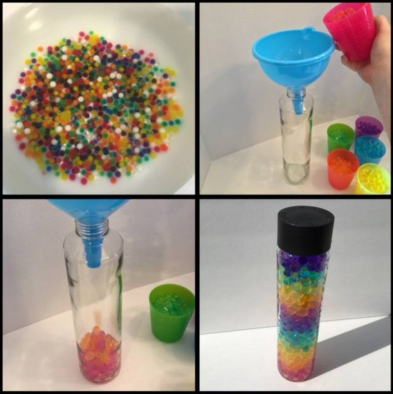Waterbeads soaking in a water filled bowl, and images showing the process of pouring them into a sensory bottle