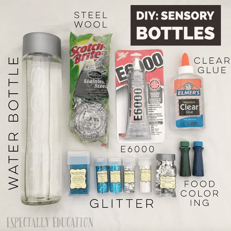 Empty bottle, steel scrubber, bottles of glue, glitter and food coloring