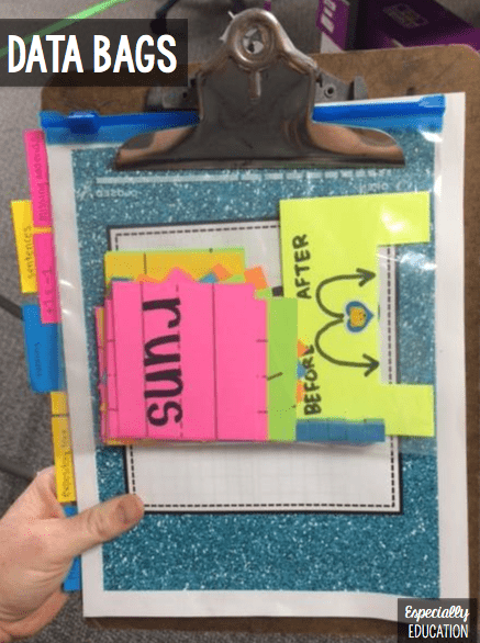 Data collection materials for assessing student goals inside the ziplock data bag