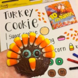 Turkey decorated cupcake made with a visual recipe to go with the book, 10 Fat Turkeys written by Tony Johnston