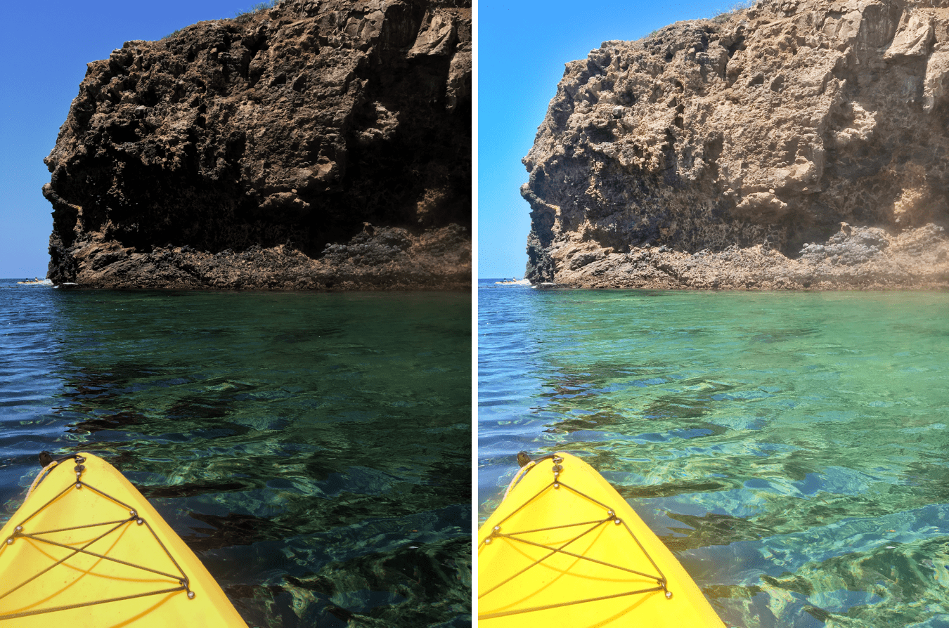 Two photos of the tip of a kayak in the ocean in front of a large rock outcrop. 
