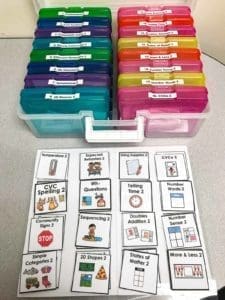 Box of Colorful Task Boxes in the classroom