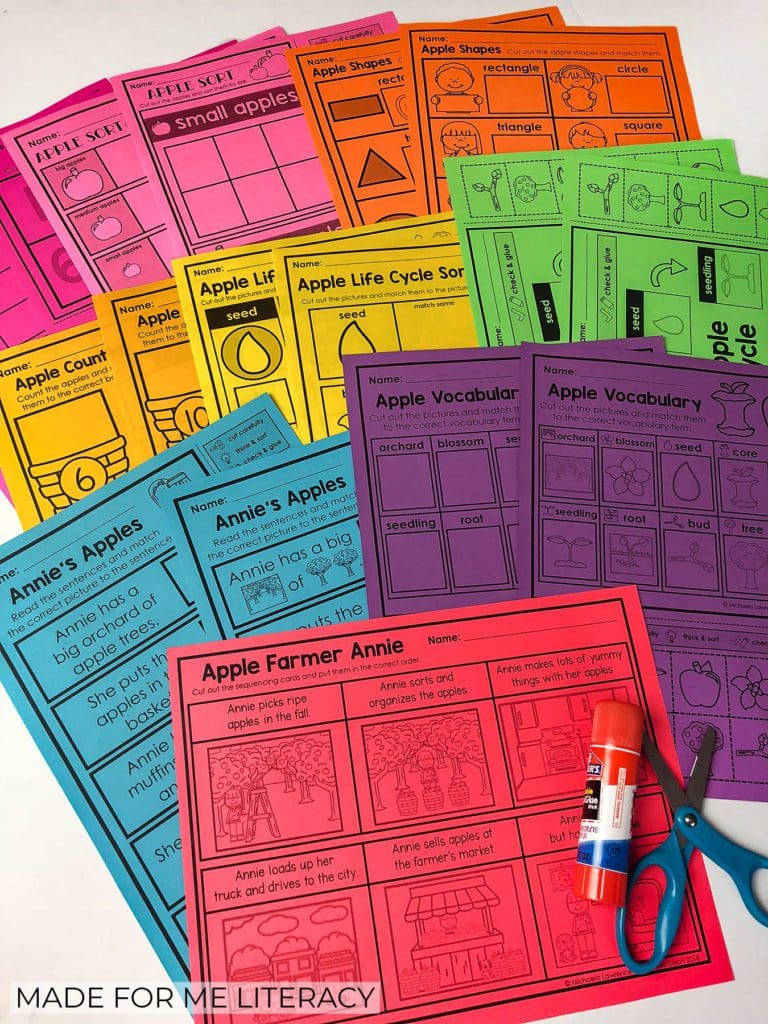 Made For Me Literacy Tasks Printed on Brightly Colored Astrobrights Paper