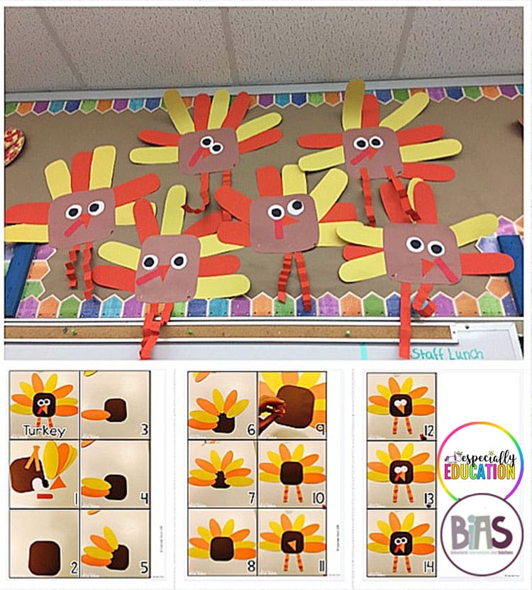 Made For Me Literacy Easy Art Construction Paper Turkeys displayed on the wall