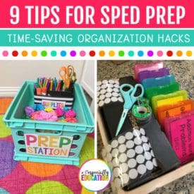 A special education teacher's colorful prep station with colorful organized task boxes and office supplies