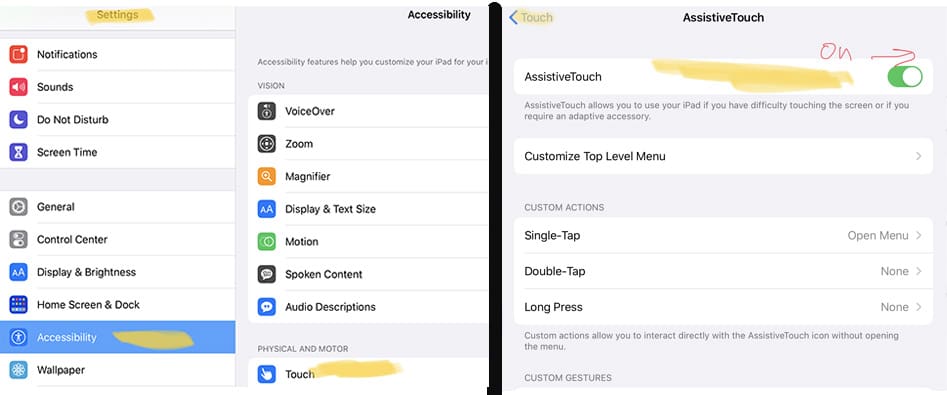Screenshot of steps to use iPad's Assistive Touch settings
