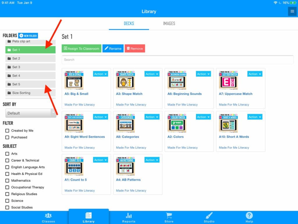 Screenshot of how Rachel Glassman organizes her Made For Me Literacy Boom Cards in Sets online in the Boom Learning platform