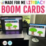 Made For Me Literacy Boom Card with a big tree and little tree displayed on a laptop and iPad