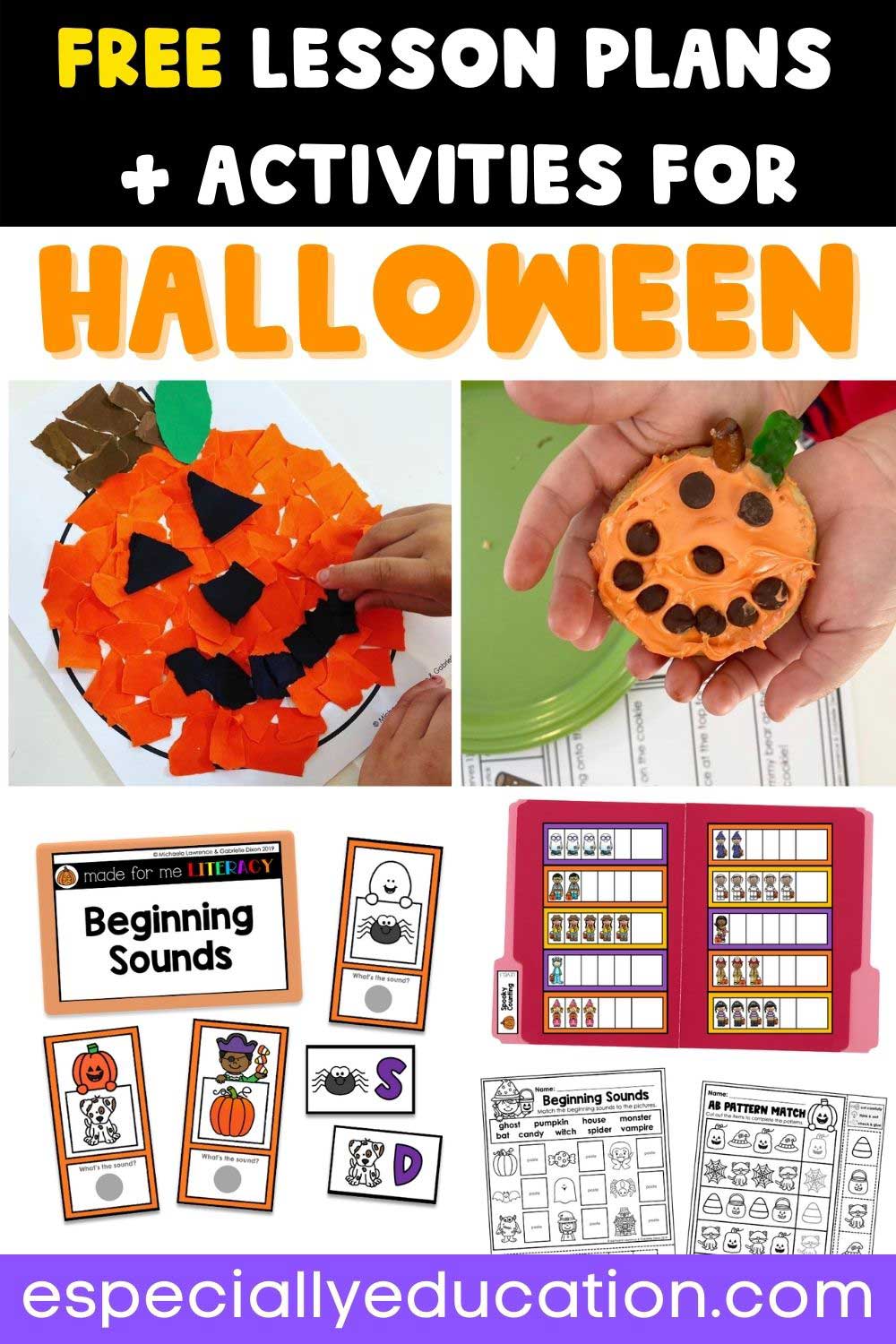 A child gluing construction paper to a Jack-O-Lantern collage, a child holding a pumpkin frosted cookie,a begining sounds task box, and a Halloween themed file folder