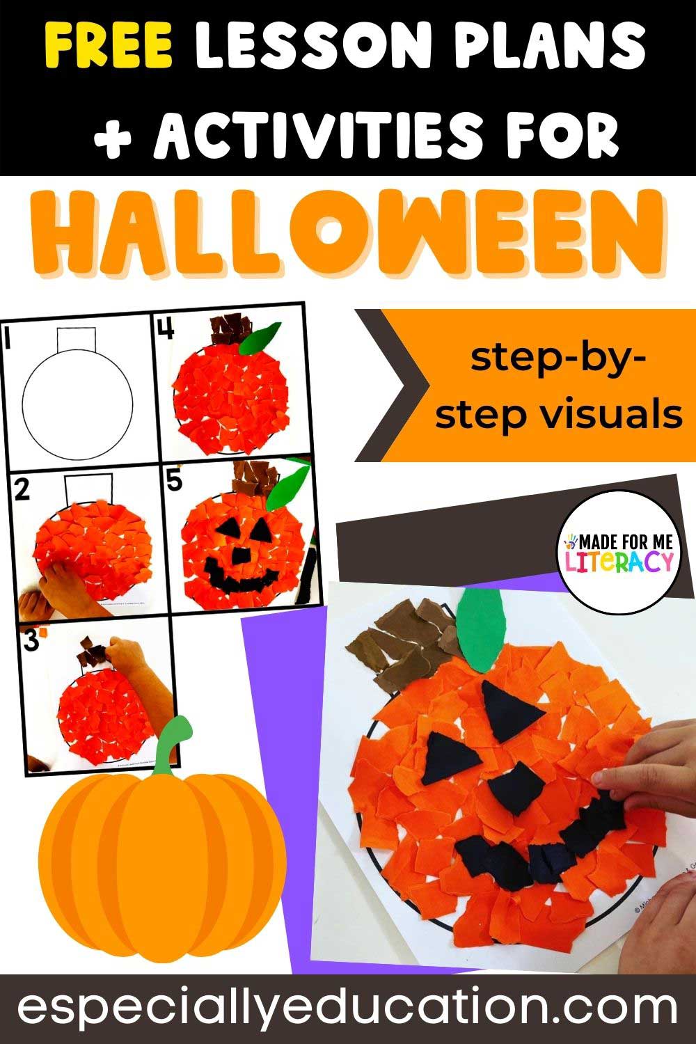 A child working on a pumpkin themed easy art craft collage made with construction paper