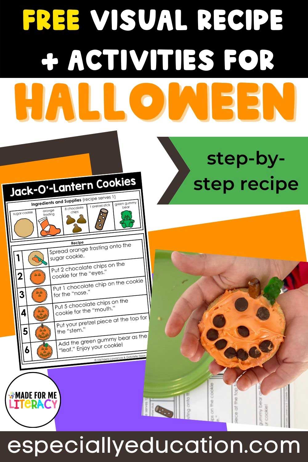 A visual recipe sheet for the pumpkin themed frosted cookie a chald is holding with both hands