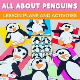 Brightly colored paper penguin activities included in the month of lesson plans.