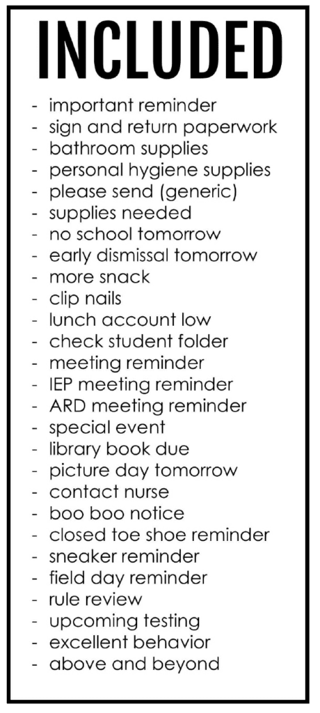 List of reminder sheets in this Especially Education Communication download.