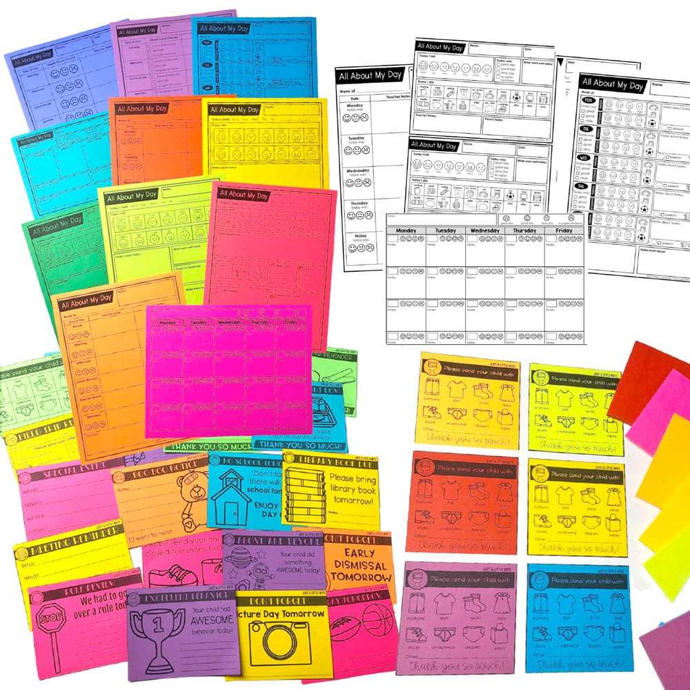 Colorful print out astro bright sheets and post-it notes printed with common teacher communication tasks for parents.