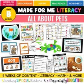 Visual representation of 'All About Pets' Literacy Lesson Plans Level B Bundle 2, Unit 09 from Especially Education website. The image showcases a comprehensive literacy curriculum centered around the theme of pets. The inclusive and engaging materials, including worksheets and activities, are designed to support effective literacy instruction for diverse learners