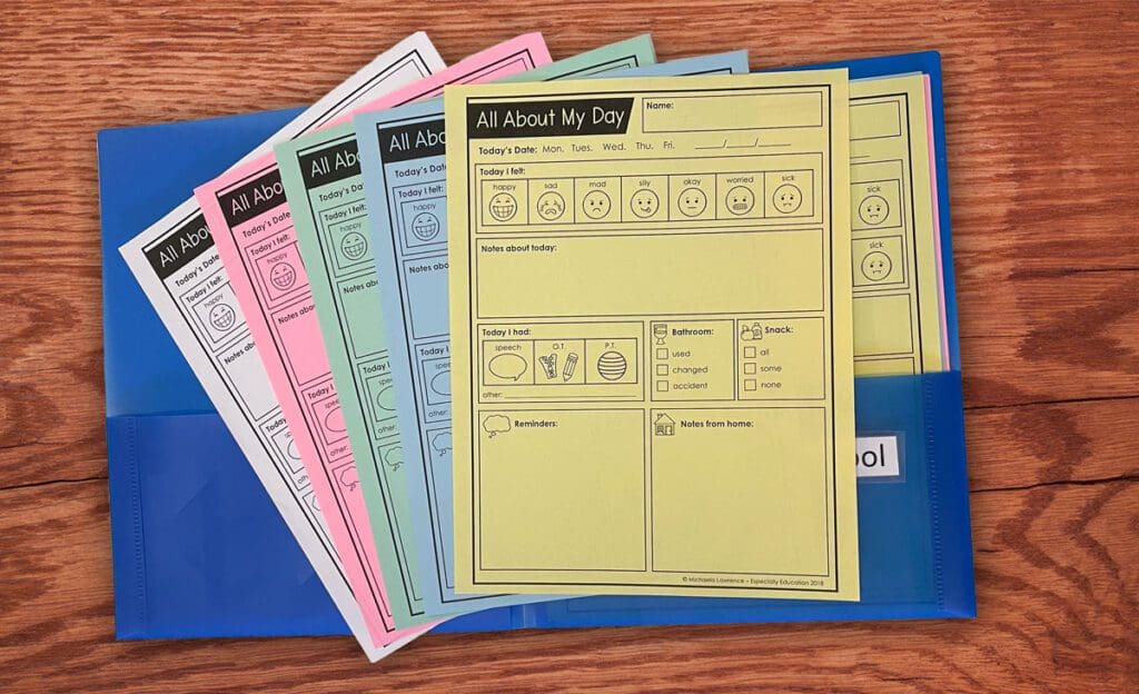 A blue folder filled with pastel colored sheets of paper with notes from teacher to parent.