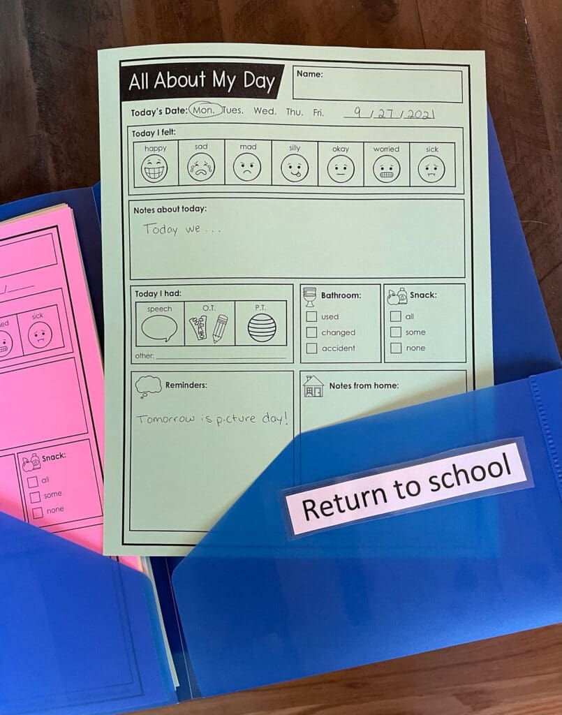 A printed sheet of paper tucked inside a blue folder with notes to parent to teacher.