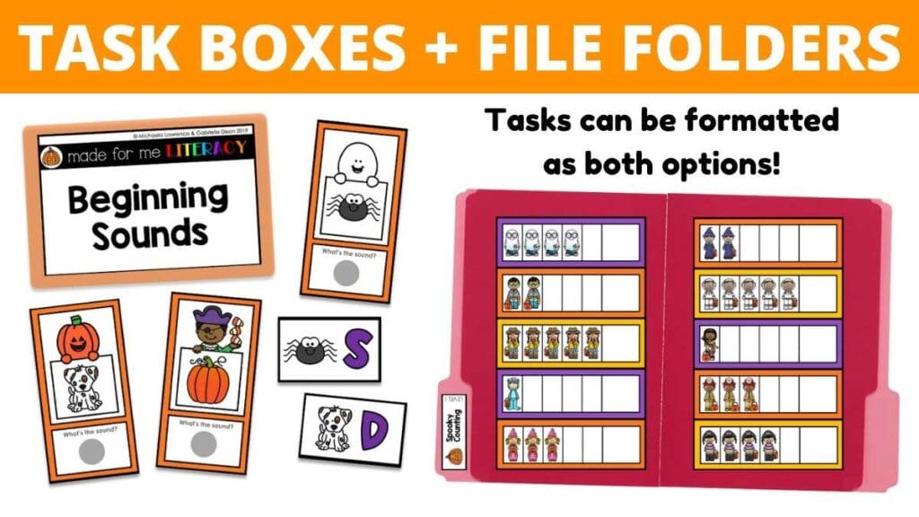 Beginning sounds task box and file folder with pumpkins, spiders and other spooky themes for this free Halloween and October lesson plan.