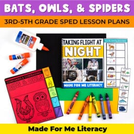 Glue, crayons, and Made For Me Literacy lesson resources from Bats, Owls, & Spiders - Level C, Bundle 1 - laying on a white background.