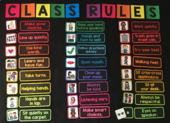 24 class rules, each on a separate card, laid out one a black background. Each rule has an accompanying graphic.
