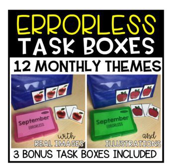 Two errorless task boxes, one with photo images and the other with illustrations.