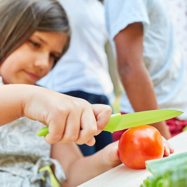 A young girl in a wheelchair is cutting a tomato with a special child-safe knife.
