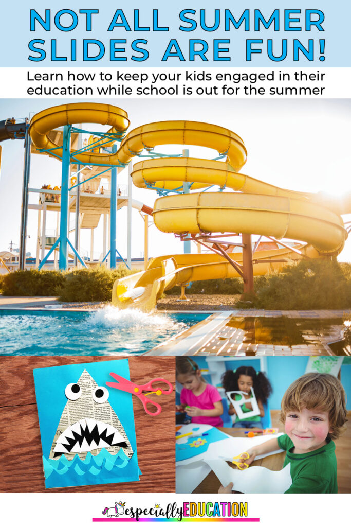 This is a collage of 3 images with a large yellow swirly water slide leading to a large blue swimming pool at the top, a young boy sitting at a desk with his friends cutting out paper crafts, and a paper craft of a newspaper print shark bursting out of the water.