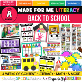 Cover image of a made for me literacy month of back to school lesson plans for an extended school year unit with pictures of the various educational activities to keep kids engaged over the summer. The link leads to the downloadable curriculum that can be purchased on teachers pay teachers.