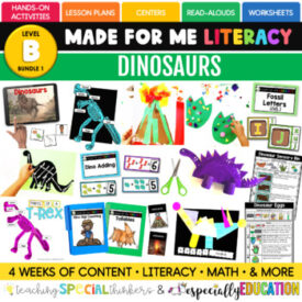 Cover image of a made for me literacy month of dinosaur lesson plans for an extended school year unit with pictures of the various educational activities to keep kids engaged over the summer. The link leads to the downloadable curriculum that can be purchased on teachers pay teachers.