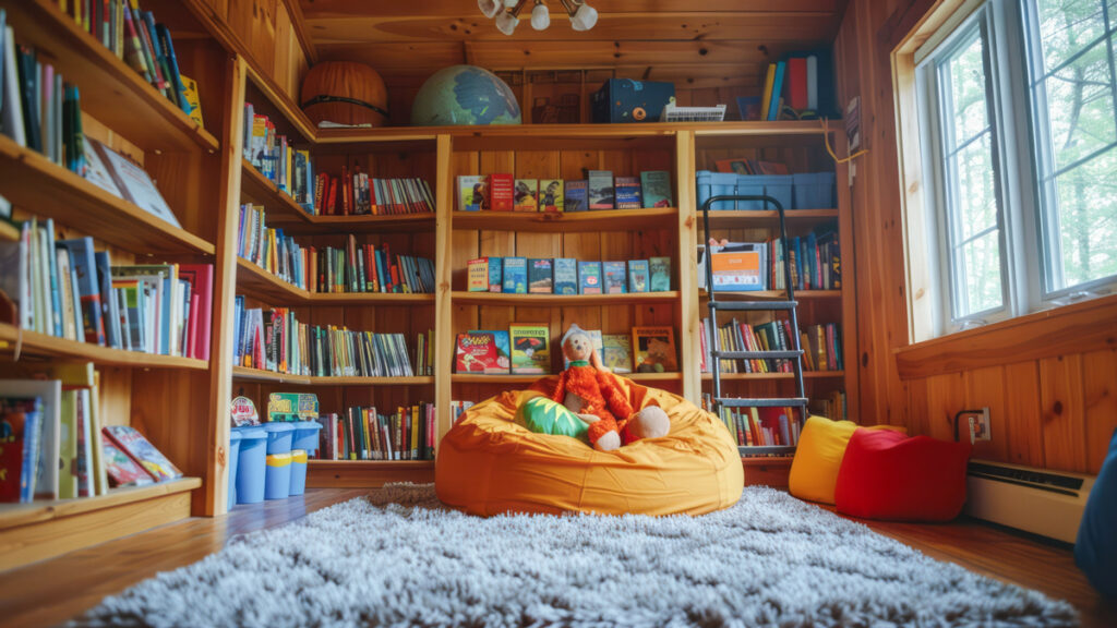 a room lined in cedar shelves filled with children's books with a plump orange beanbag sitting on top of a gray rug in the middle of the room.chair 