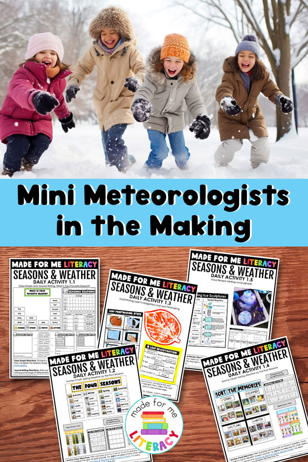 Children playing in snow and pages from MFML Weather Unit