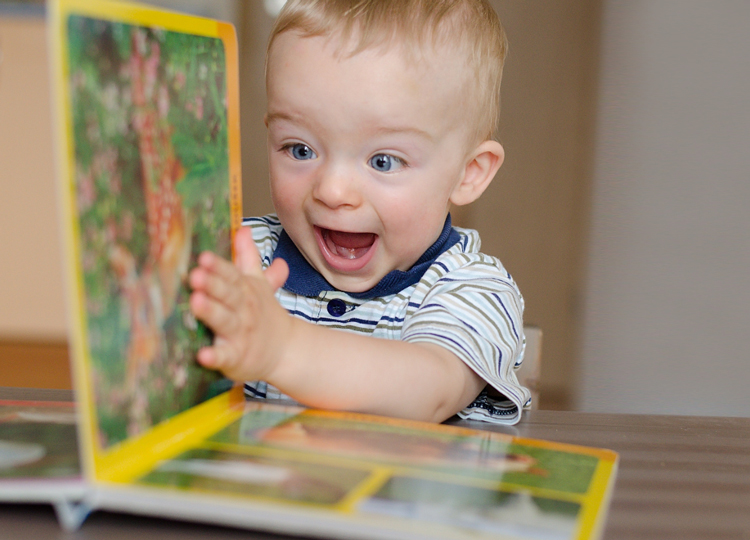 A toddler excited about the board book he's enjoying.