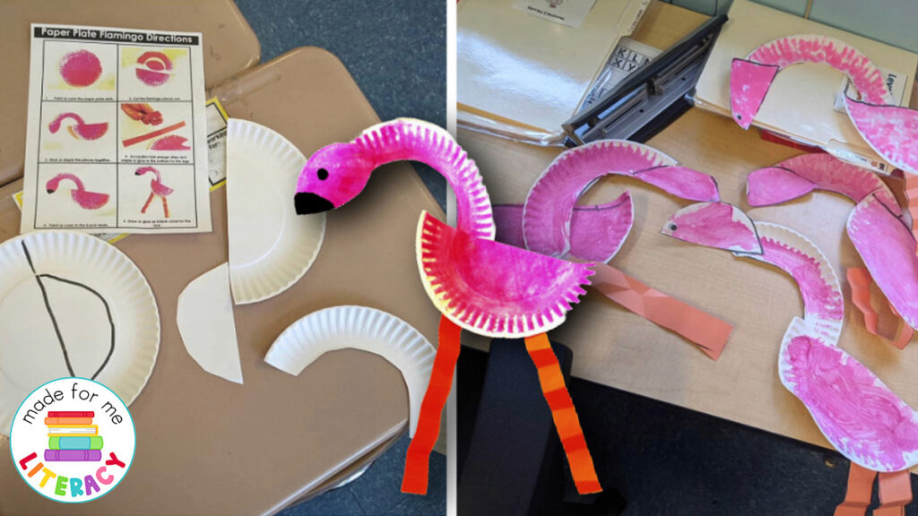 Made For Me Literacy Paper plate flamingo craft from the Zoo unit displayed on table