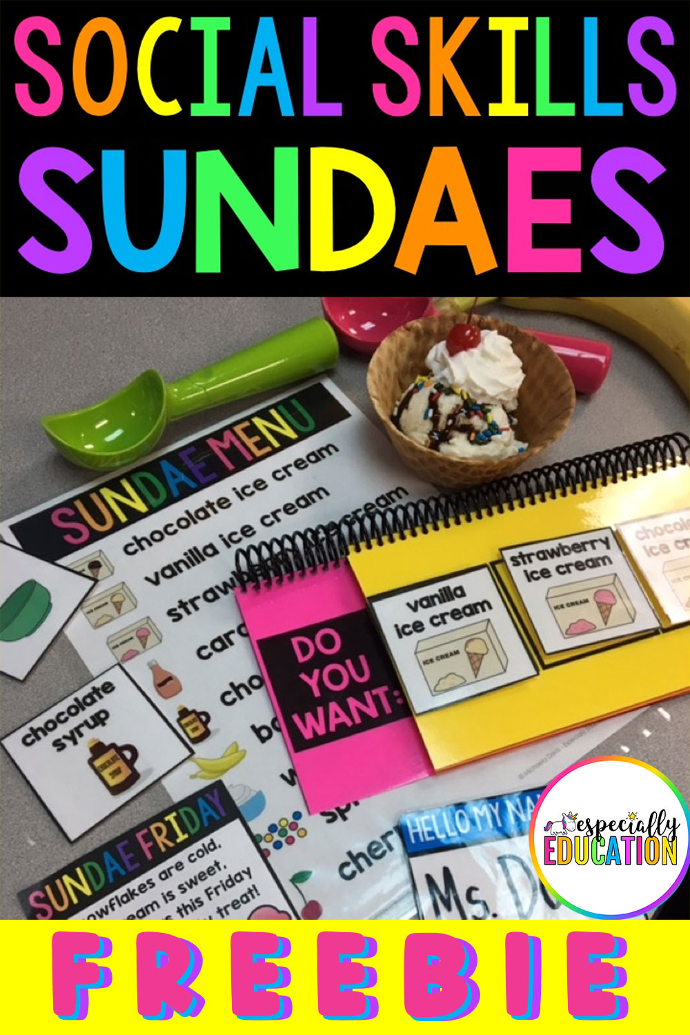 Ice cream sundae and printed activity pages