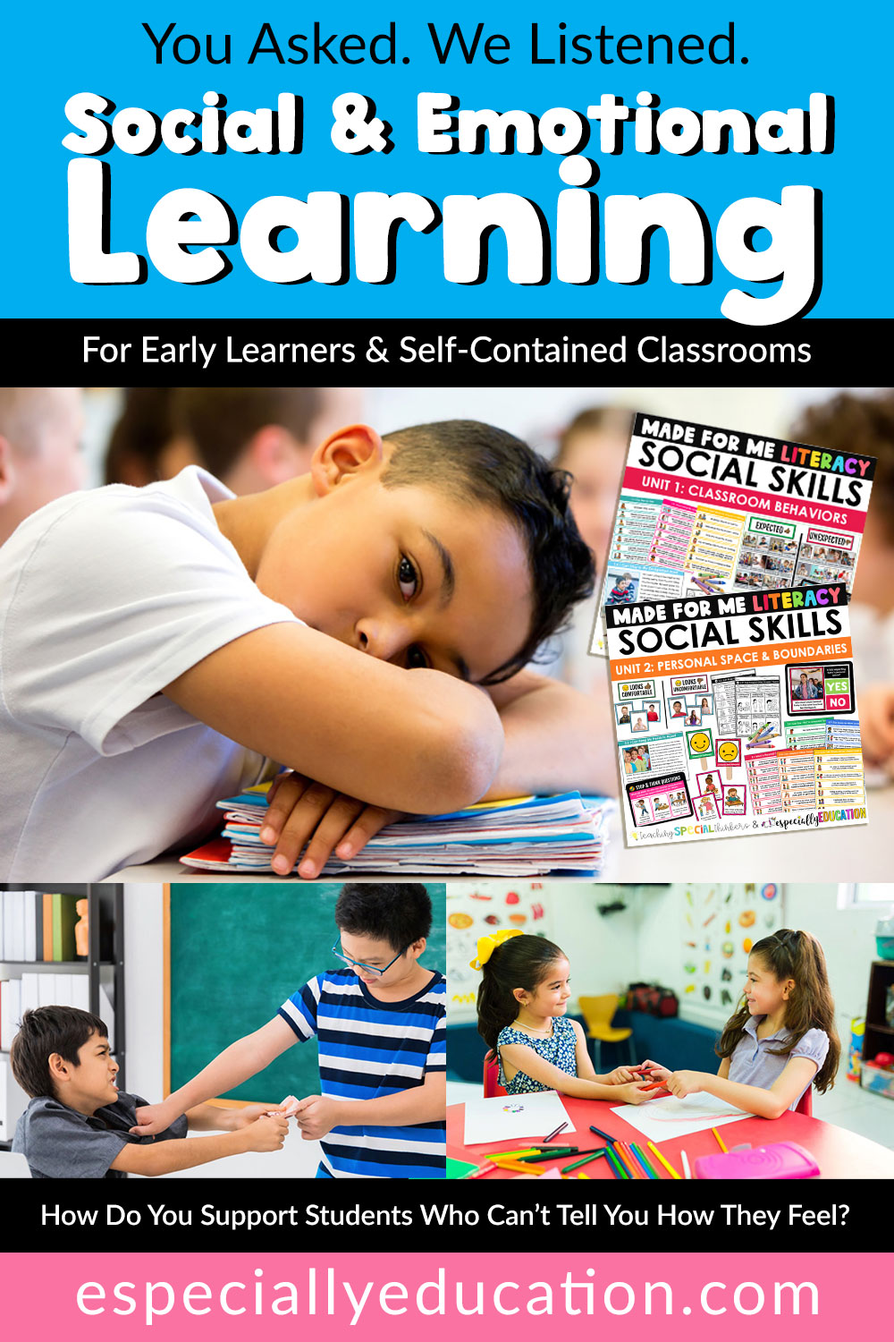 A boy in a classroom with his head down on his desk looking like he's sad and not part of the class.