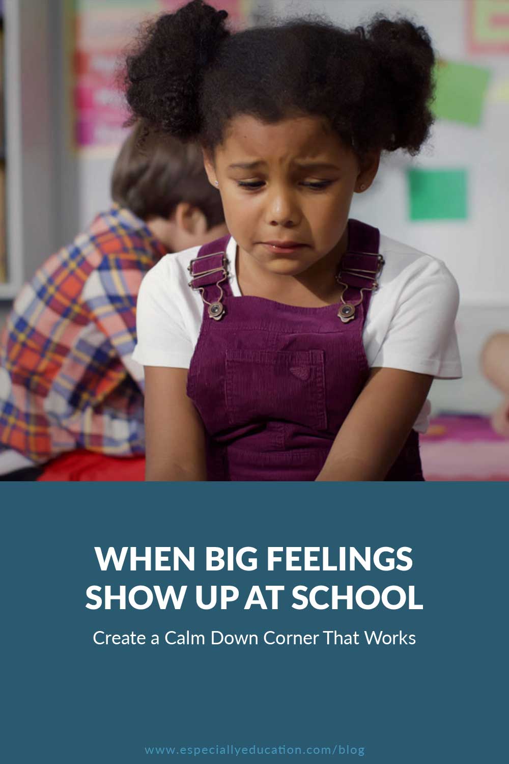 Young girl in a classroom on the verge of tears