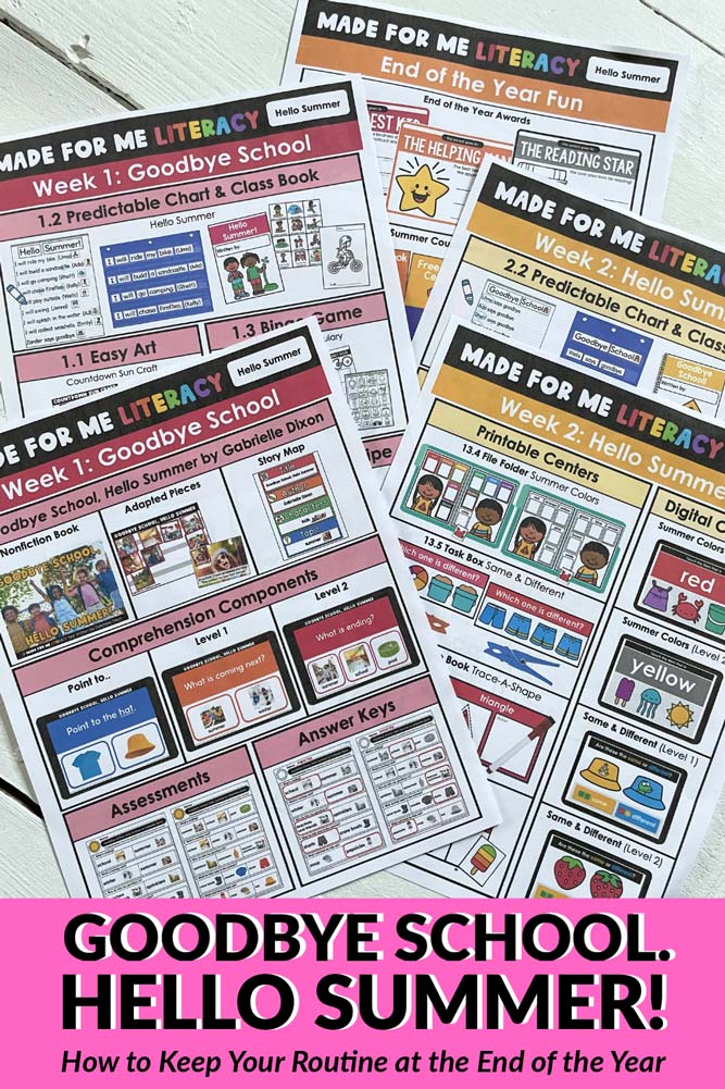 Images of the preview of weekly activities in the made for me literacy end of the year two week unit.