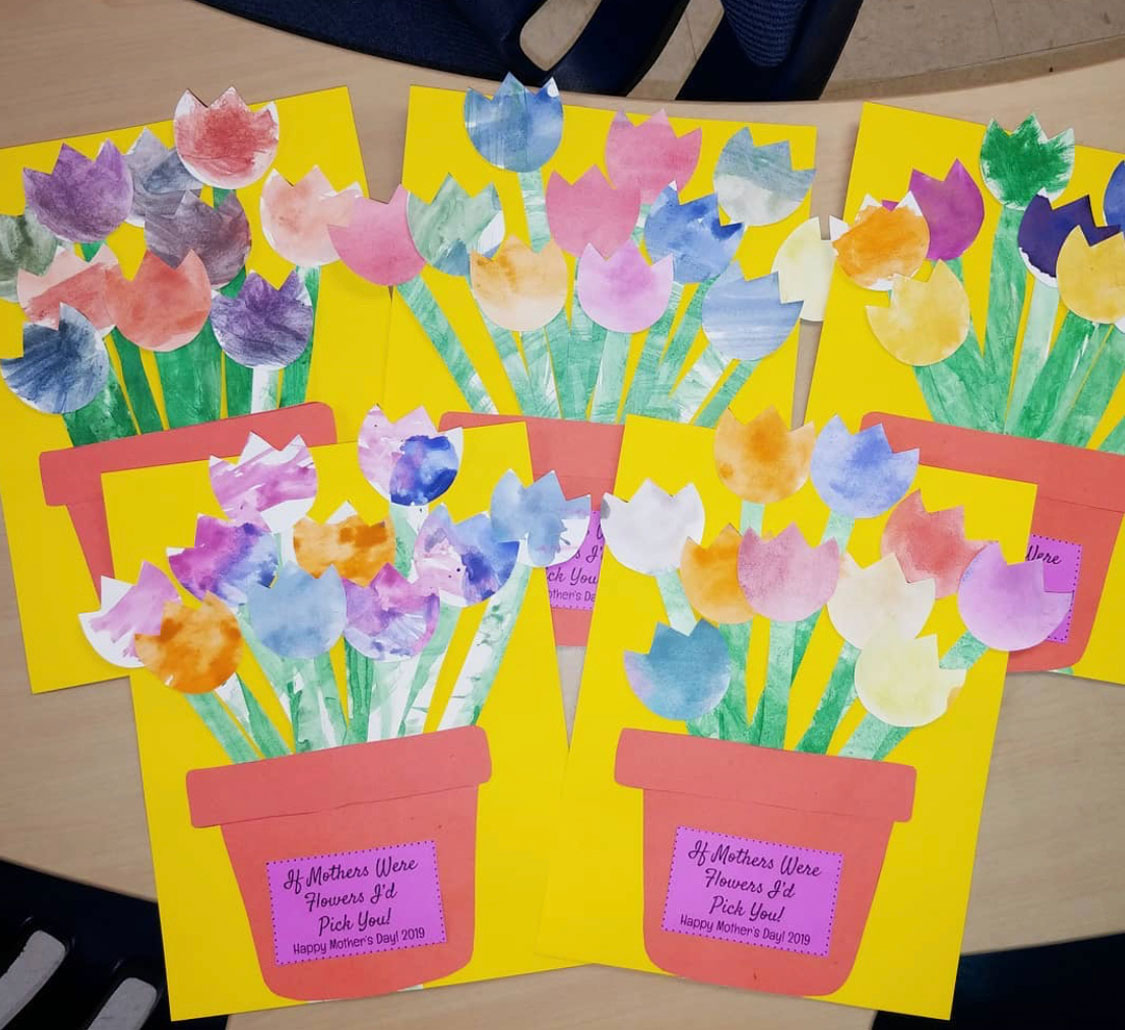 Students’ flower pot Mother’s Day crafts made with painted paper flowers in a special education classroom activity