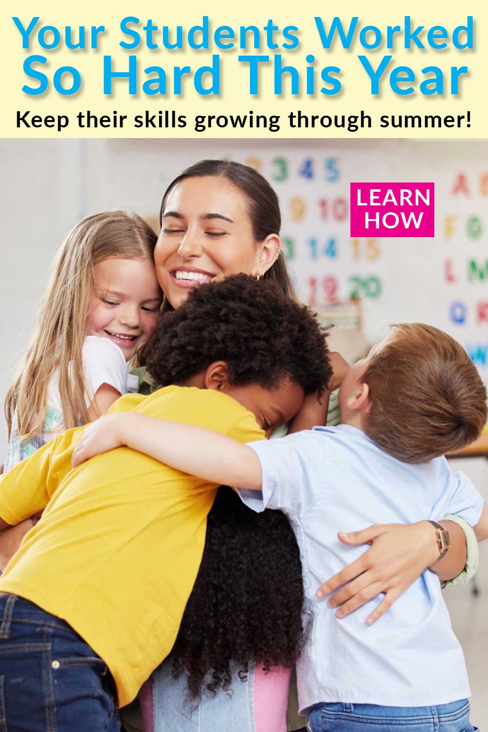 A teacher giving her students the last hug of the school year