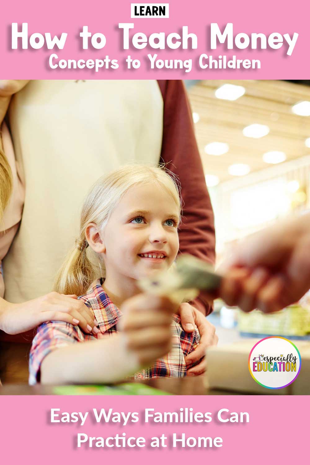 Parents allowing their young daughter to pay for groceries using actual cash money to help her learn life skills that will help her participate in today's world.