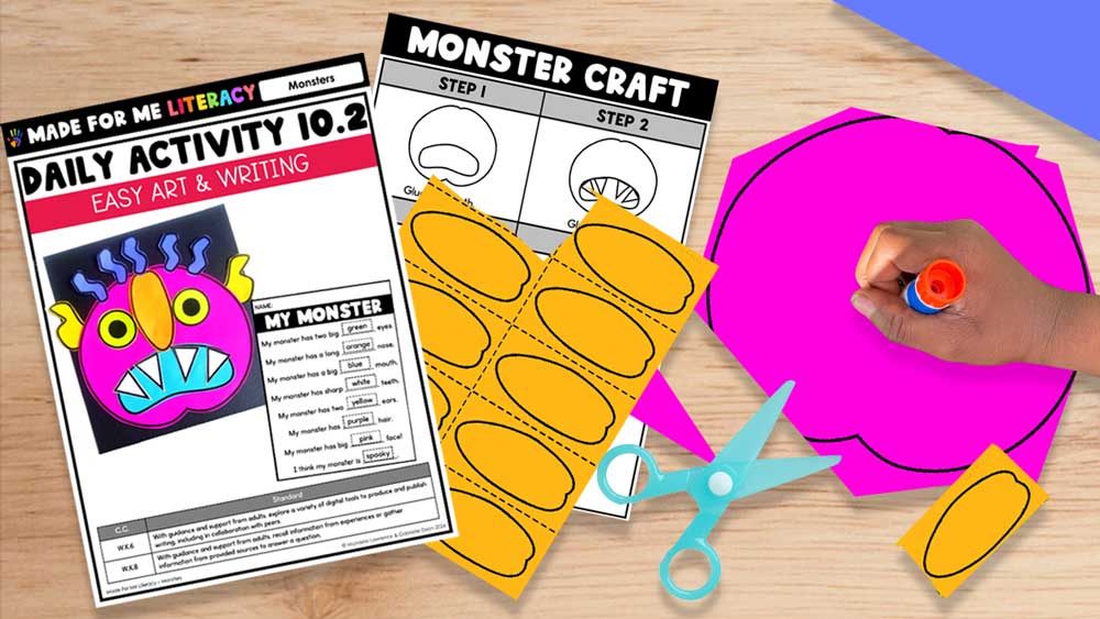 Monster craft activity with colorful paper pieces, scissors, glue, and Made For Me Literacy instructions.