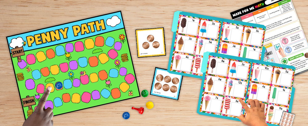  Students use a Penny Path board game and hands-on money activities to practice identifying coins and working with coin values.