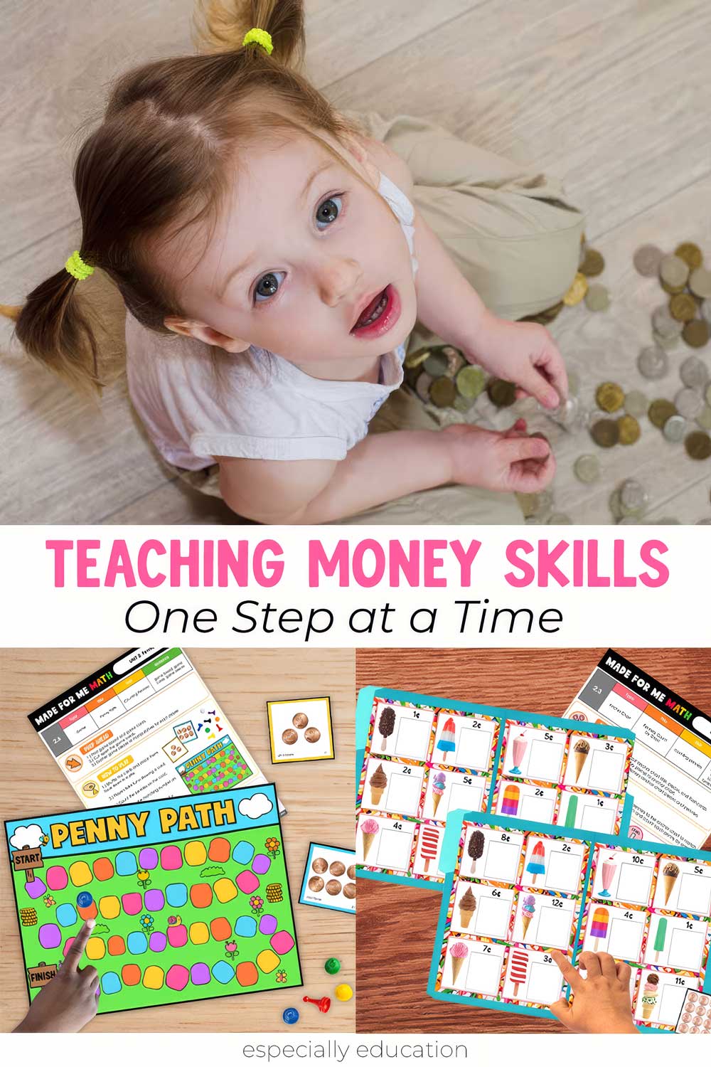 Small girl playing on the floor with coins from a jar